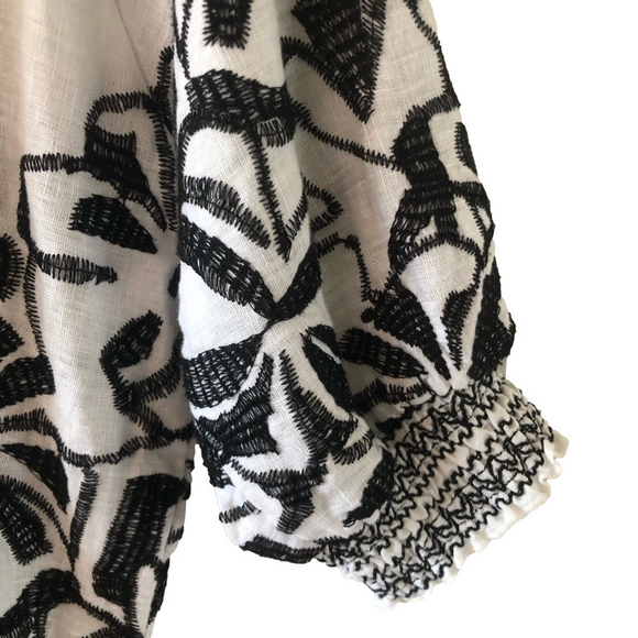 Linen Embroidered Black and White Short Sleeve Jacket zip front size medium - Picture 2 of 14